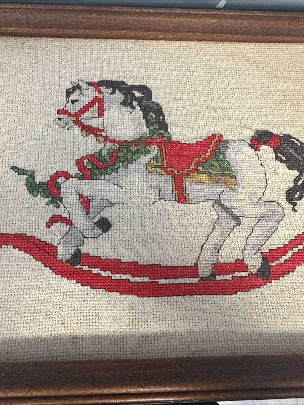 Vintage Framed Holiday Carousel Horse Cross-Stitch Wall Art - Red & Green